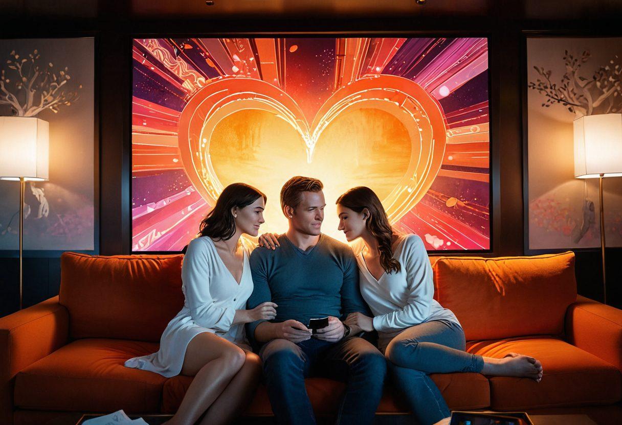 A cozy, intimate setting featuring a couple sitting closely on a plush couch, surrounded by soft lighting and warm colors. The background showcases a blend of digital screens displaying abstract representations of adult media, seamlessly merging technology and intimacy. Their expressions convey deep connection and trust. The foreground includes symbolic elements like intertwined hands or heart shapes to emphasize connection. vibrant colors. super-realistic.