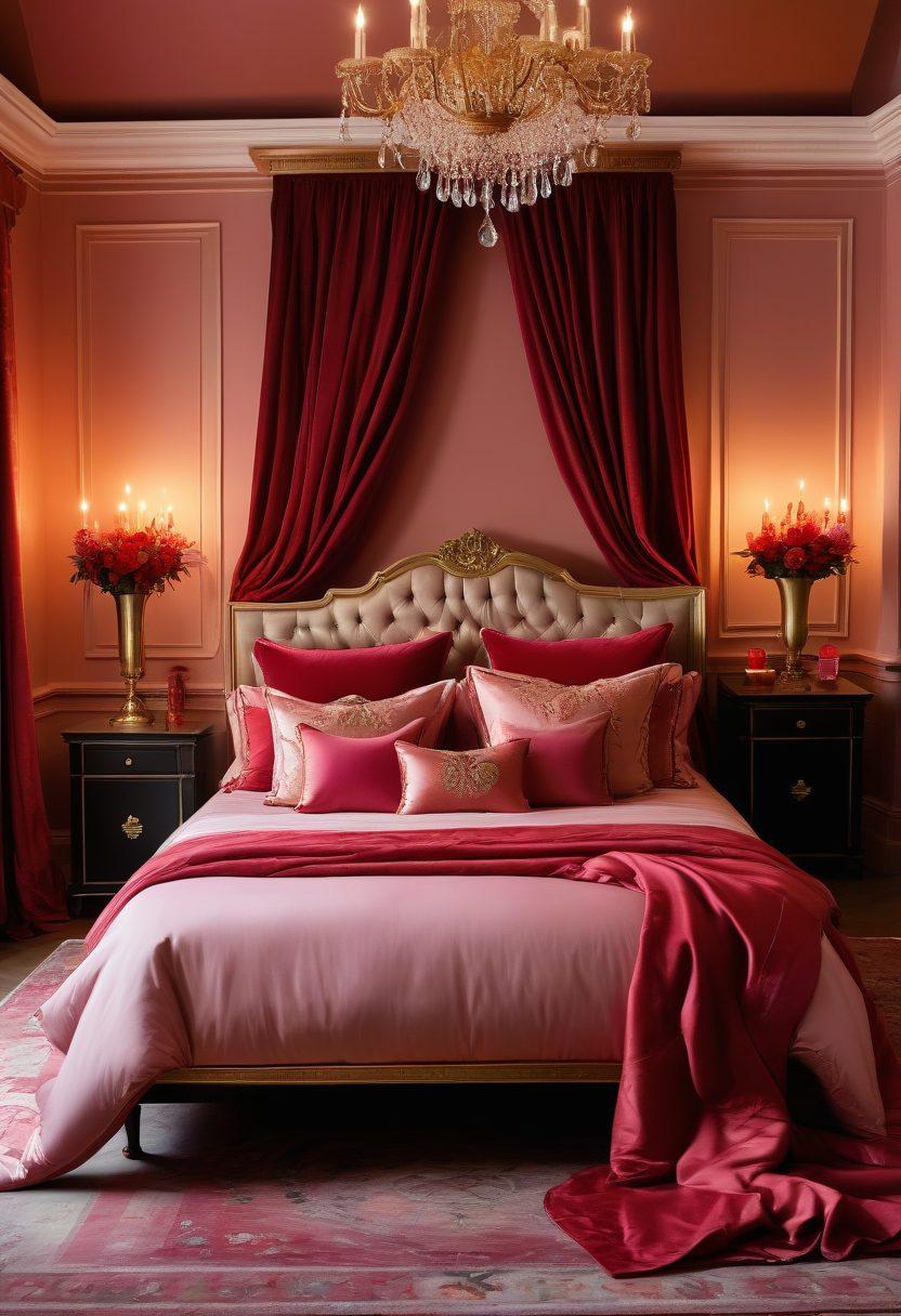 A serene and intimate setting showcasing a beautifully arranged bedroom with soft, ambient lighting. Include luxurious bedding, flowers, and candles to evoke a sense of romance and relaxation. Subtly incorporate silhouettes of a couple in a tender embrace, symbolizing sensuality. The color palette should be warm and inviting, with shades of red, pink, and gold. super-realistic. vibrant colors.