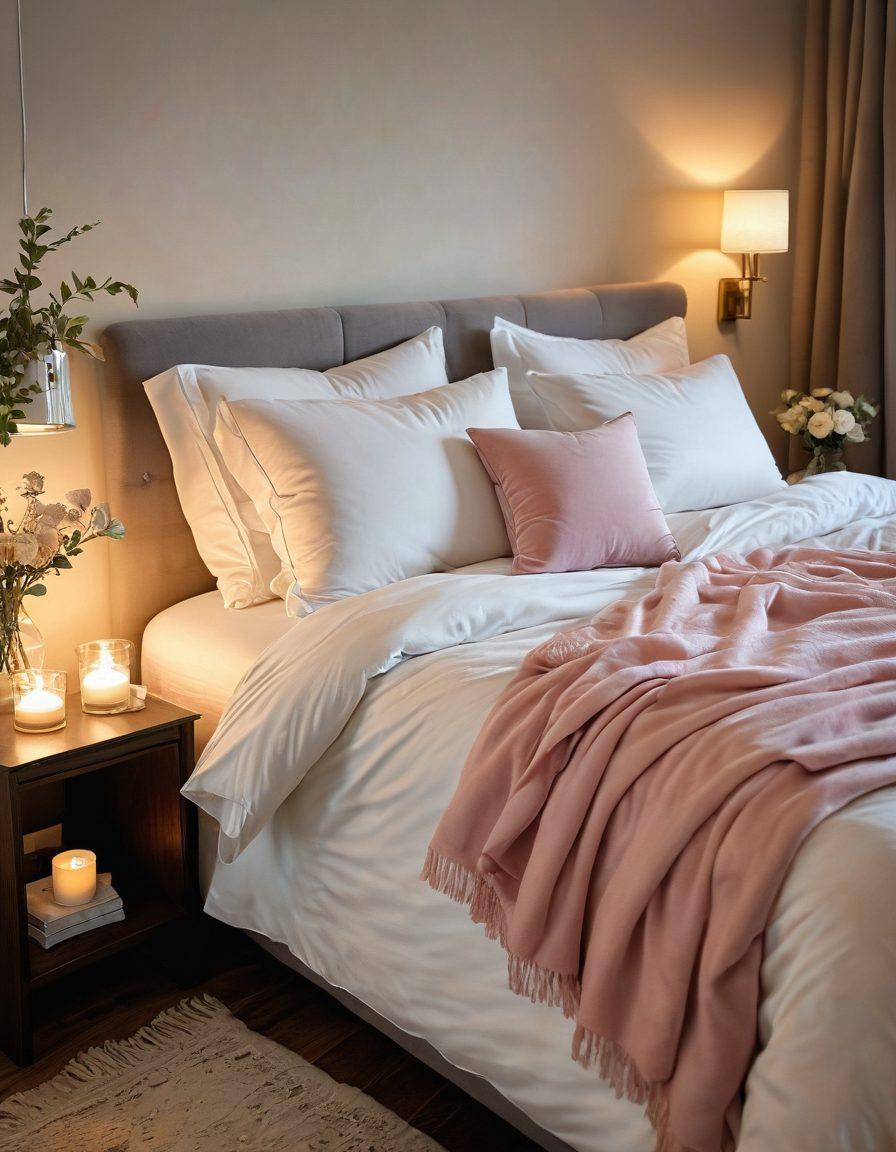 A warm, inviting bedroom setting with a plush bed adorned with soft pillows and a cozy blanket, complemented by romantic lighting. Include a couple intertwined, sharing laughter and intimacy, embodying connection and trust. Subtle elements like candles, flowers, and a glass of wine to enhance the atmosphere of love and empowerment. pastel colors. soft focus. cozy ambiance.